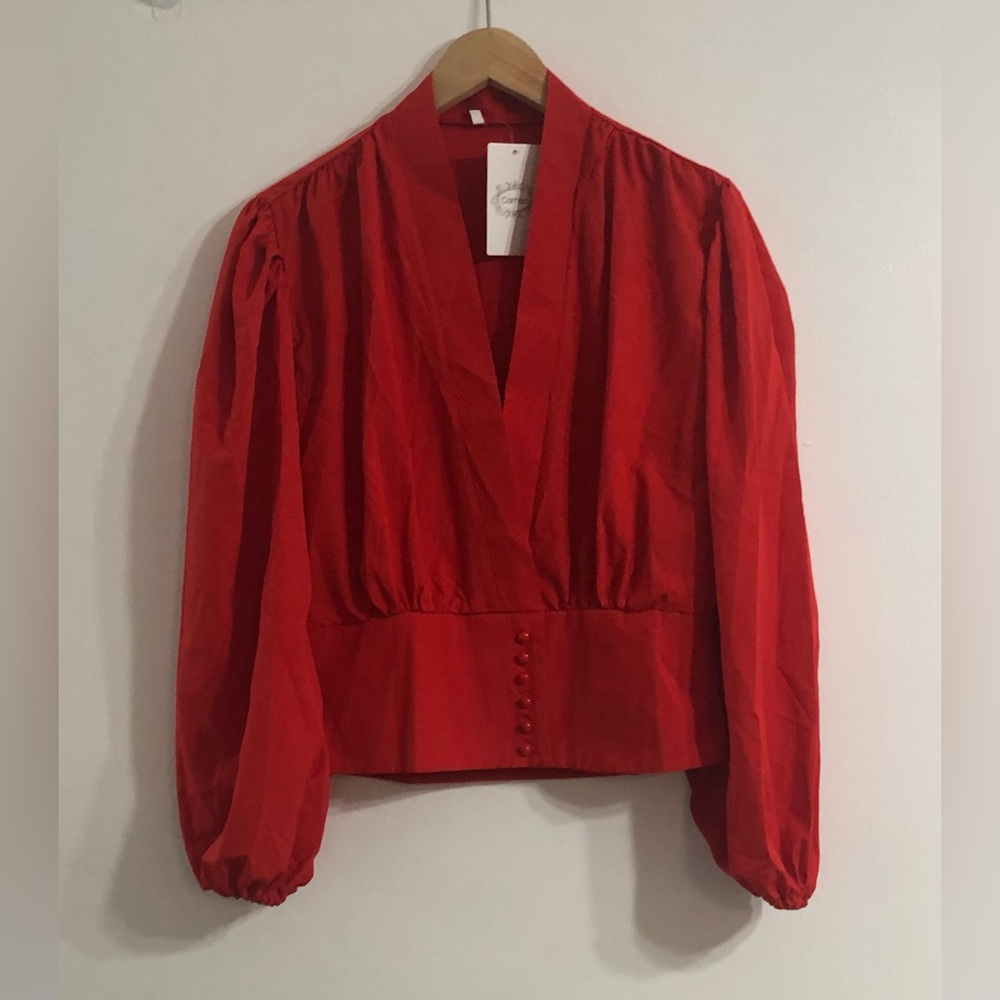 Camisa women’s elegant blouse V-neck front quarter buttons long sleeves  red. XL